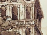 drawing of an old building with a clock on the top of it