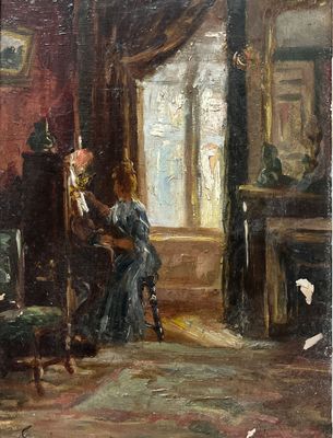 painting of a woman sitting at a piano in a room