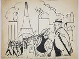 drawing of a cartoon of a man and a woman walking down a street