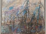 une peinture à l'huile d'une scène portuaire avec des bateaux dans l'eau