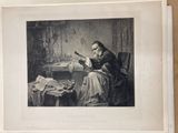 an old picture of a man sitting in a chair reading a book