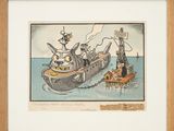 tableau encadré représentant un dessin humoristique d'un bateau avec un chat et un chien à bord