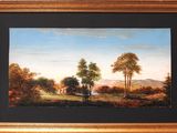 an oil painting of a landscape with trees and mountains in the background