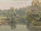 tableau représentant une scène fluviale avec des arbres et de l'eau au premier plan