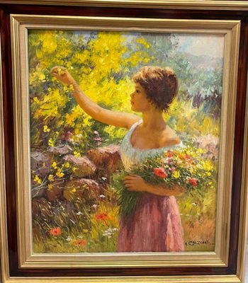 painting of a woman holding a basket of flowers in a field