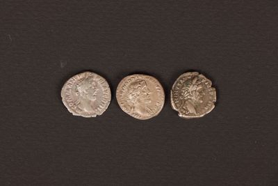 three ancient roman coins on a black background