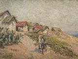 painting of a man riding a bike down a dirt road next to a building