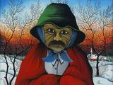 tableau représentant un homme vêtu d'un manteau rouge et d'un chapeau vert dans la neige