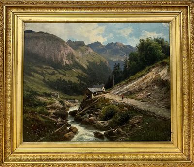 an image of a painting of a mountain scene with a stream in the foreground