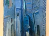an oil painting of a street scene with buildings and a blue sky