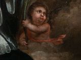 painting of a man with a sword and a child in a cave