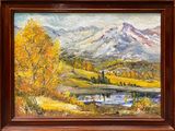 an oil painting of a mountain scene with a river in the foreground