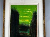 tableau représentant un paysage verdoyant avec des arbres, dans un cadre doré