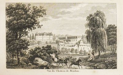 dessin représentant une vue de ville avec, au premier plan, un cheval et une calèche