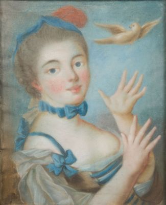 an old painting of a woman with a bird in her hand