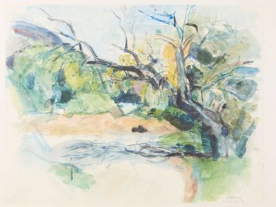 une image représentant une aquarelle d'un arbre au bord d'une rivière