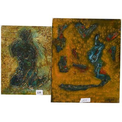 deux tableaux représentant un homme et une femme sur fond jaune