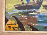 a painting of a boat on the water with people on it