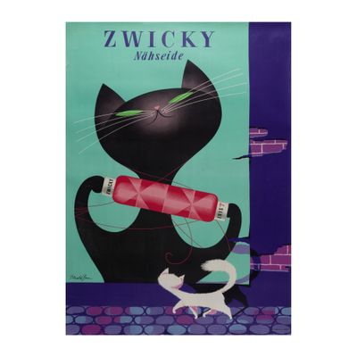 a poster of a black cat holding a spool of thread