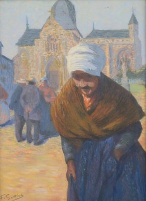 tableau représentant une femme coiffée d'un turban marchant dans une rue