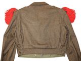 the back of a brown jacket with red tassels on it