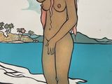 painting of a nude woman standing on a beach with a pink hair