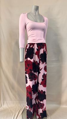 pink and black floral print pants with pink top and pink top