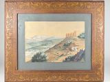 an old picture of a painting of a landscape with a castle in the distance