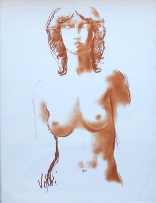 drawing of a nude woman with long hair and no shirt
