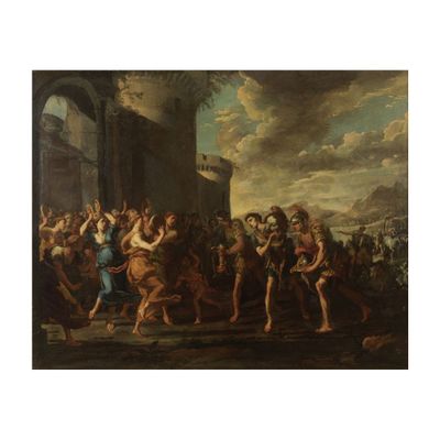 une peinture représentant un groupe de personnes devant un bâtiment