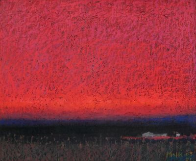 tableau représentant un ciel rouge au-dessus d'un champ d'herbe, avec une grange au loin
