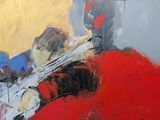 une peinture abstraite représentant un homme jouant de la guitare sur un canapé rouge