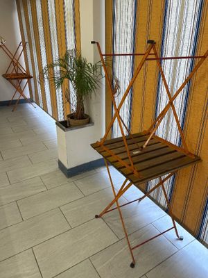 une chaise pliante en bois posée dans un couloir, à côté d'une plante en pot