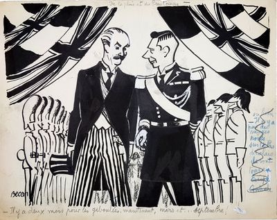 an image of a drawing of two men shaking hands in front of a crowd