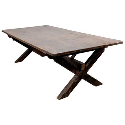 Grande table de ferme en bois naturel, piètement en X avec u…