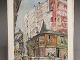 painting of a city street scene with people walking on the sidewalk