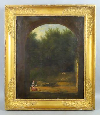 une peinture à l'huile représentant un homme et une femme dans un décor boisé