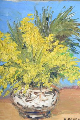 peinture d'un vase de fleurs jaunes sur une table à fond bleu