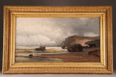 an oil painting of a boat on a beach near a cliff