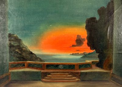une image d'un tableau représentant un coucher de soleil sur une étendue d'eau