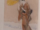 a painting of a woman holding an umbrella in the snow
