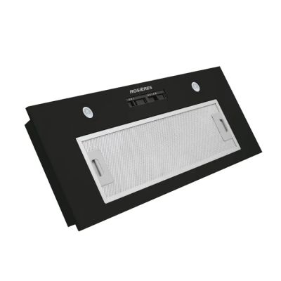 a close up of a black and white oven hood with a light