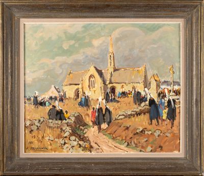 painting of a village scene with a church in the background and a group of people in the foreground