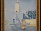 a painting of a man standing in front of a building