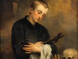 a painting of a man holding a book and a skull