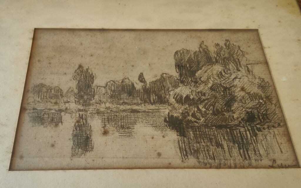 Maximilien Luce (1858-1941) Paysage. Arbres au bord d'une rivière Dessin au crayon, signé en bas à droite 14,5 x 9,5 cm.
