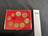 a red box with a lot of coins in it next to a ruler