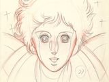 drawing of a woman ' s face with large blue eyes and long hair