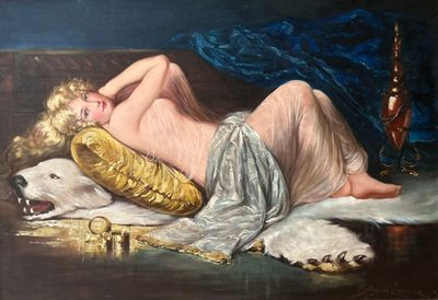 un tableau représentant une femme allongée sur un canapé avec un chien