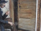 a painting of a man smoking a cigarette in front of a door